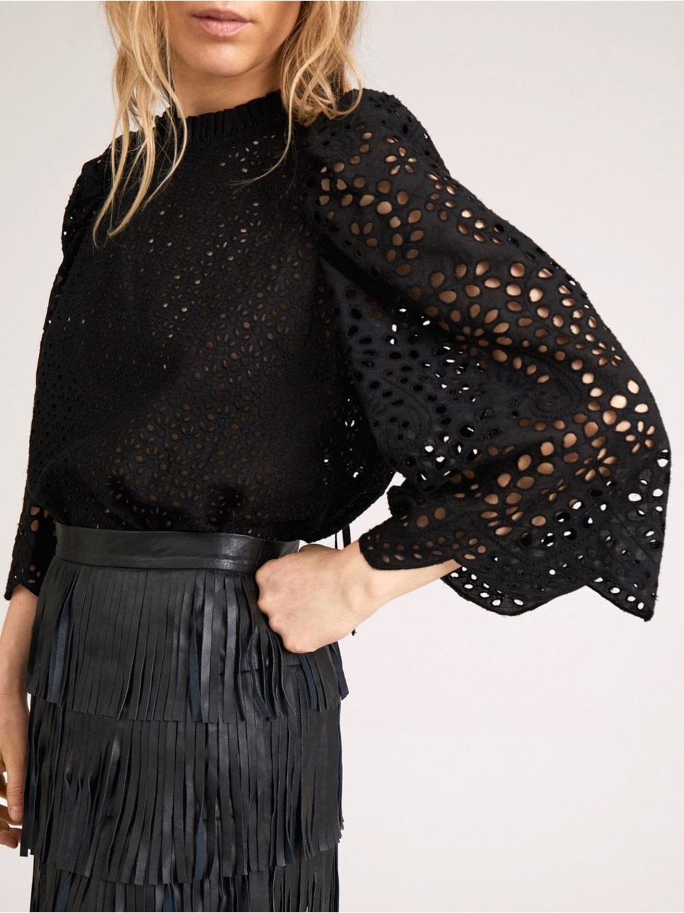 Munthe Como Top in Black Eyelet Organic Cotton, Semi Sheer w Puff Sleeves Size 6
